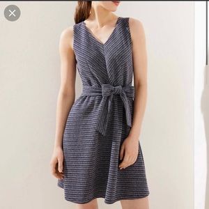 Ann Taylor Loft Navy Stripe Textured Dress with Tie Waist 8